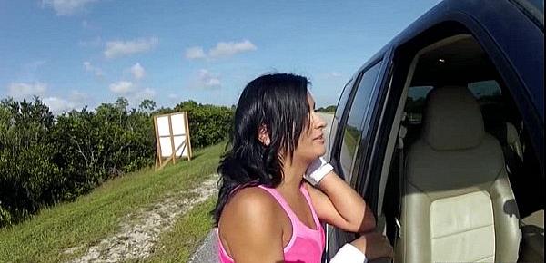  Teen Nadia flashes cars with her tits to get a free ride